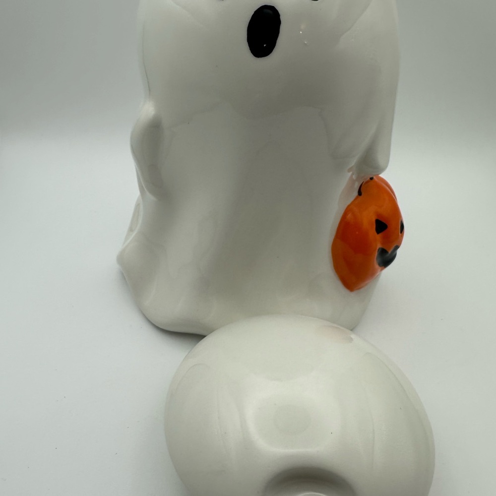 White Ghost Ceramic Jar with Orange Pumpkin Accent - Picture 7 of 9